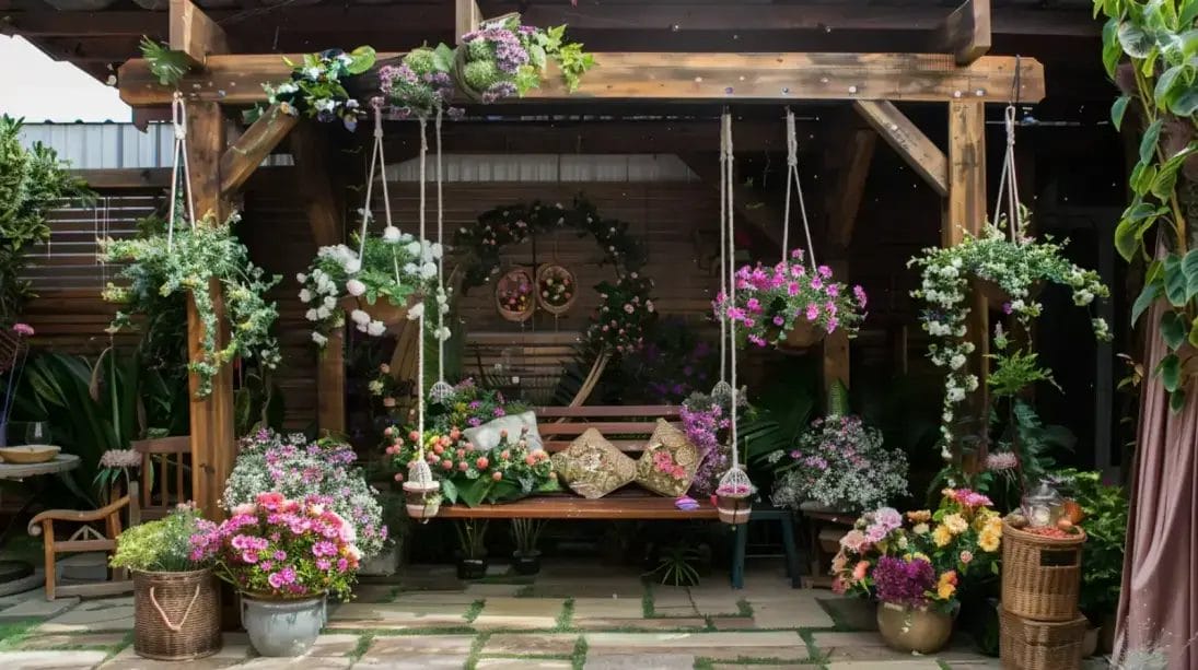 Cozy wooden pergola with hanging flower baskets and a bench, perfect for a Mother's Day DIY project.